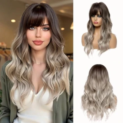 Image of Esmee 24 Inches Ombre Brown to Gray Wigs for Women atural Synthetic Hair Heat Resistant Long Wavy with Fringe Daily Party Cosplay Wear