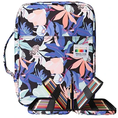 Image of BOMKEE 220 Slots Pencil Case Colored Pen Organizer Bag Portable Handy Drawing Painting Storage Stationery Pouch Waterproof Multilayer Pens Watercolor Pencils Holder for Adults(Penglai Flower)