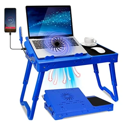 Image of Laptop Desk for Bed Tray Table Foldable Stand with Cooling Fan, 4 Port USB Hub, Adjustable LED Light, Mouse Pad and Storage Box Working, Reading on Couch Sofa (Blue)