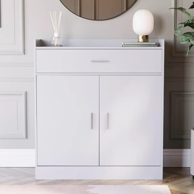 Image of Vida Designs Dalby Modern Shoe Cabinet, 2 Door 1 Drawer, Hallway Cupboard Storage Organiser, Footwear Stand Rack, Wood Sideboard Unit, White