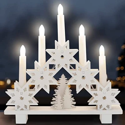Image of GloBrite Natural Wooden Christmas Candles Bridge with Village Light Up Decorations Battery 5 LEDs Table Centrepiece, for Windows