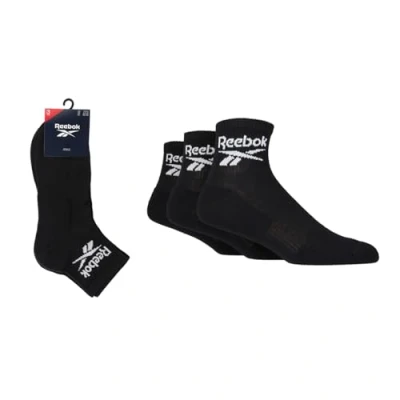 Image of Mens and Women&#039;s 3 Pair Reebok Core Cotton Cushioned Ankle Socks Black 6.5 8 UK
