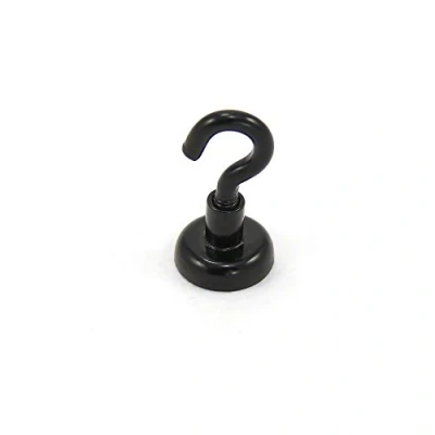 Image of Black Painted Neodymium Hook Magnet with M4 for Fridge, Whiteboard, Noticeboard, Filing Cabinet or Office 16mm Diameter x 30.5mm High 9.7kg Pull