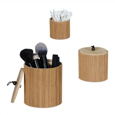 Image of Relaxdays Storage Box with Lid, Round, Set of 3 in Various Sizes, for Brushes &amp; Cosmetics, Organiser, Bamboo, Natural, 14 x 11 cm
