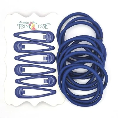 Image of Hair Accesories School Set Girls 14 Elastics Bendies Bobbles 6 Clips Slides Ponios (Royal Blue THICK 4MM)
