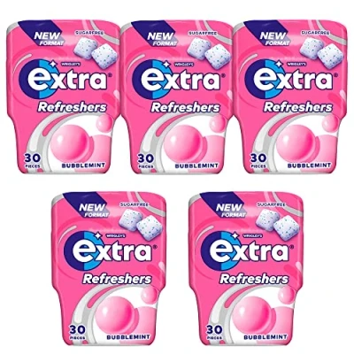 Image of 5 x 30pcs Extra Refreshers Bubblemint Sugarfree Chewing Gum Bottle