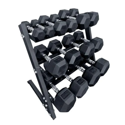 Image of Extreme Fitness Hex Dumbbell Rubber Weights Set &amp; Storage Rack 7 Pair Of Dumbbells 2.5kg 5kg 7.5kg 10kg 15kg 20kg 25kg