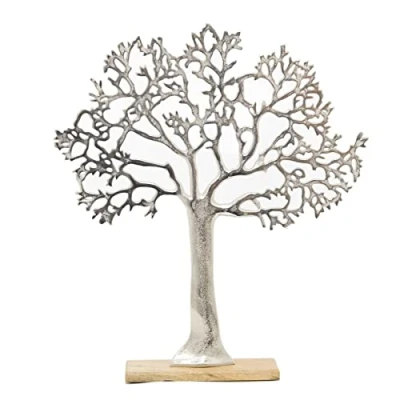 Image of Carousel Home 63cm Elegant Silver Tone Tree Of Life Sculpture Extra Large Metal Ornament On Wooden Base Aluminium Family Wood Stand