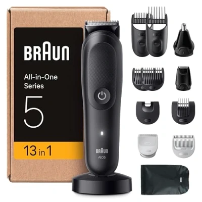 Image of Braun All in One Series 5 Grooming Kit, 13in1, Ultra Sharp Blade, 120 Min, SkinGuard for Body, Precise &amp; Efficient Trim, AquaGrip Under Water Use, AIO5565, Black