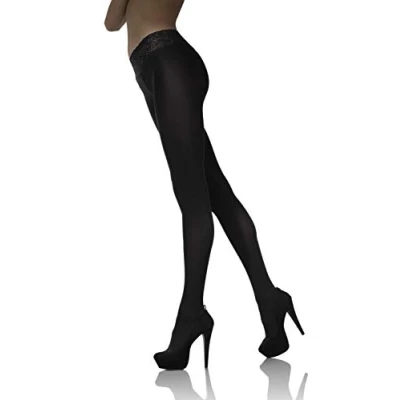 Image of MARILYN erotic transparent women&#039;s lace tights 100 den low rise with waistband, black