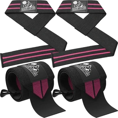 Image of Wrist Wraps + Lifting Straps Bundle (2 Pairs) for Weightlifting &amp; Crossfit Premium Support Weightlifting, Gym