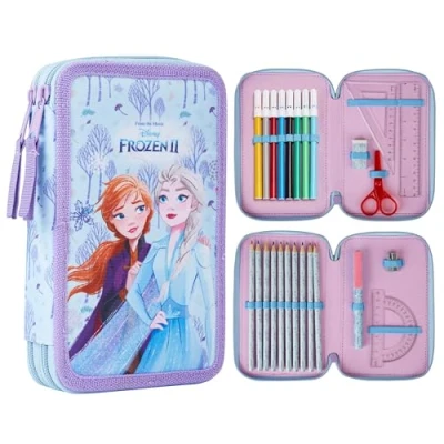 Image of Disney Filled Pencil Case with Stationery for Kids, School Supplies Colouring Pencils, Markers Gifts Girls (Blue Frozen Double Zip)