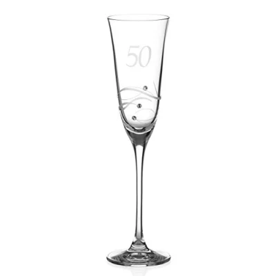 Image of DIAMANTE Swarovski 50th Birthday Champagne Glass Single Crystal Flute with a Hand Etched “50 Embellished Crystals