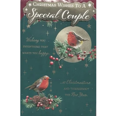 Image of Christmas Wishes to a Special Couple Card, 9 x 6 inches, Traditional Xmas Robin Design