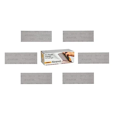 Image of Mirka Abranet net sandpaper strips 70 x 198 mm Grip / Mix pack 5 of each grit 80, 120, 180, 240, 320, 400 30 pcs for sanding wood, filler, varnish, plastics