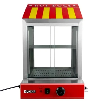 Image of Hot Dog Steamer Cooker Electric Warmer Stainless Steel Machine Commercial Sliding Glass Doors Removable Solid Shelf 2 Grated Trays Adjustable Thermostat 30 C 110 2000W FREE Tongs 3 Sauce Bottles