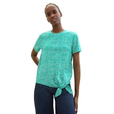 Image of TOM TAILOR Denim Women&#039;s 1040186 Basic T Shirt with Knot Detail, 35326 Green Minimal Print, XS