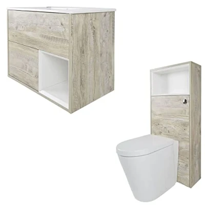 Image of Milano Bexley Light Oak 610mm Bathroom Vanity Unit with Basin, Toilet WC and Back to Wall Pan