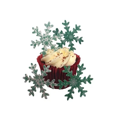Image of 30 PRECUT Large Festive Green &amp; White Patterned Snowflakes Edible Premium Wafer Paper Cake Toppers Decorations Perfect for Christmas