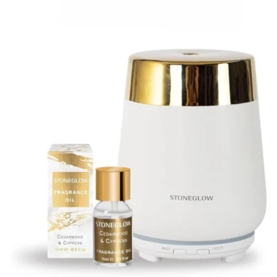 Image of Stoneglow Luna Collection Ceramic Perfume Mist Diffuser Starter Kit with Cedarwood &amp; Cypress Fragrance Oil (White Gold)