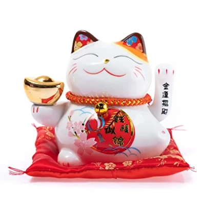 Image of lachineuse Maneki Neko Cat Japanese Lucky Figurine Movable Arm Kawaii Deco Object Porcelain Asian Chinese Decoration Luck, Happiness, Fortune