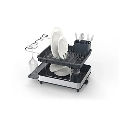 Image of Joseph Excel steel 2 tier Stainless Dish Rack for Kitchen counter, Washing up Drainer with draining spout, movable cutlery drainer, wine glass holder, Grey