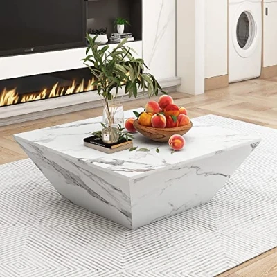 Image of Marbling Veneer Coffee Table with Storage White Square Nesting for Living Room Versatile Side 2 Cabinets Functional and Chic Centre 70 * 36cm