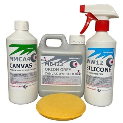 Image of Carbusonic Orion Grey convertible roof dye kit, soft top recolouring hood and canvas restorer, restores colour waterproofs fabrics.