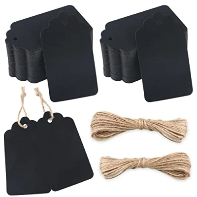 Image of jijAcraft Black Kraft Paper Tags,100Pcs Tags for Crafts,7X4CM Gift Hang with 20M Jute Twine