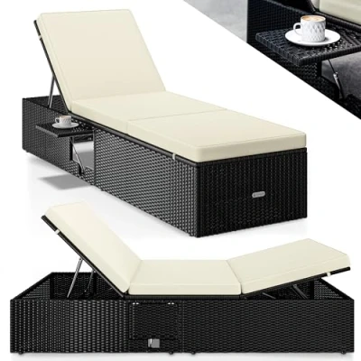 Image of CASARIA® Polyrattan Sun Lounger with 7cm Thick Water Repellent Cushion Fold Out Table 7 Way Adjustable Backrest 200x58cm Outdoor Patio Garden Pool Deck Chair Black/Cream