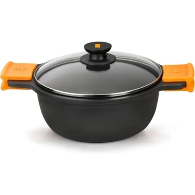 Image of BRA Efficient Cast Aluminium Tall Casserole Dish with Lid Black &amp; Orange (8.3L) Large Lid. 100% Recycled Big Pan Non Stick Pot