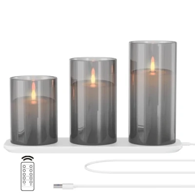 Image of EXTSUD Set of 3 Rechargeable LED Glass Candles with Charging Station and Remote Control Flickering Flameless Decorative for Parties, Birthdays, Weddings, Table Decoration