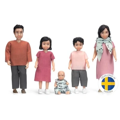 Image of Lundby Dolls House People Toy Doll Set Jamie Family of 2 Adults + 3 Children for Dollhouse Furniture and Accessories Bendable Small Plastic Ethnic Mini Kids Age 3+ 1:18