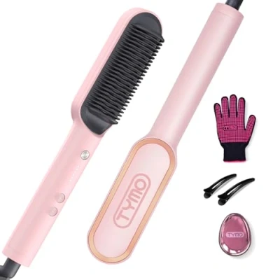 Image of TYMO Hair Straightener Brush UK, Flat Iron and 2 in 1, Anti Scald, Fast Heating, 5 Temp Settings (130℃ 210℃), Professional Salon at Home, Wider Comb for Even Straightening, Ring Pink