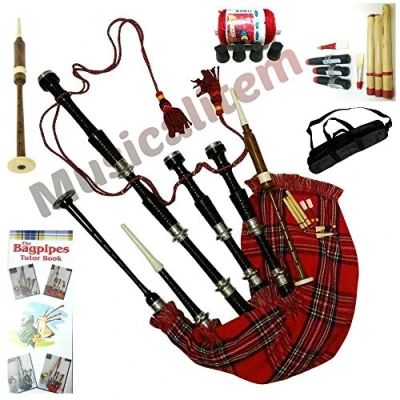 Image of Scottish Bagpipe Rosewood Royal Stewart Tartan Black Finish with Silver Plain Mounts Free Tutor Book Carrying Bag