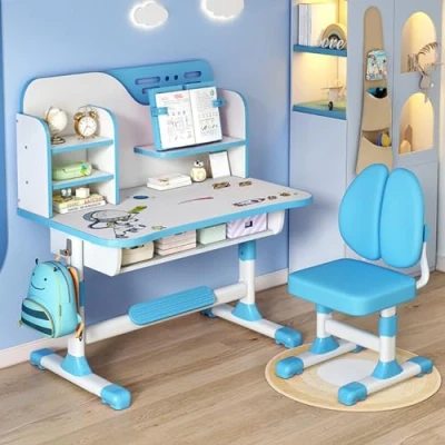 Image of Saterkali Kids Study Desk and Chair Set Children Desk, Height Adjustable Children&#039;s School Table with Large Writing Board, Bookshelf Drawer for Bedroom Classroom (blue)