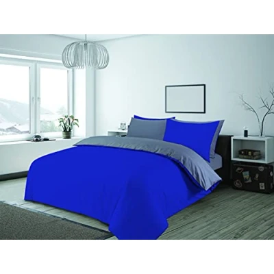 Image of Charlotte Andersen Wedgewood &amp; Grey Double Duvet Cover Plain Reversible Cotton Blended Bedding Set with Pillowcases