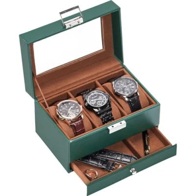 Image of ProCase Watch Box for Men, 3 Slot Display Case With Drawer, Mens Glass Lid, 2 Layer Jewelry and Storage Holder Organizer Men Women Slot, MidnightGreen