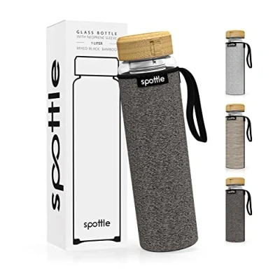 Image of spottle Glass Tea Bottle with Stainless Steel Infuser Double Walled Borosilicate Glass, Cold Brew Water Neoprene Sleeve, Dishwasher Safe, 1L