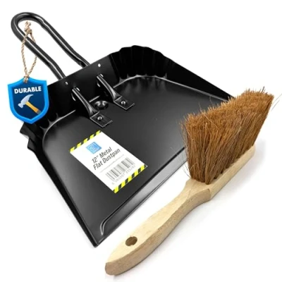 Image of Metal Dustpan and Brush Set Featuring Flat Lip for Better Floor Contact with Soft Hand Dustpans Serrated Edges Dust Pan (Dustpan Brush)
