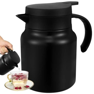 Image of Thermal Coffee Carafe Pot 1 Litre Stainless Steel Insulated Vacuum Jug with Detachable Tea Strainer Leak Proof Water Pitcher Flask for Hot or Cold Drinks (Black)