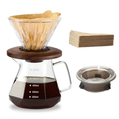 Image of Polydremio Pour Over Coffee Maker, 20 oz Borosilicate Glass Carafe with 100 pcs Size 02 Paper Filter, Walnut Handle &amp; Lid, 600 ml, Clear