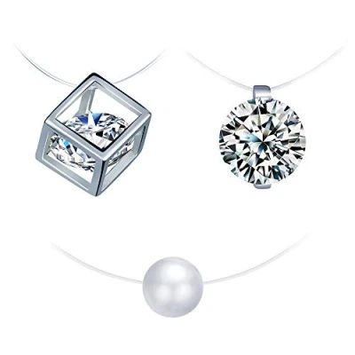 Image of 925 Sterling Silver Cubic Zirconia Pearl Women Girls Solitaire Pendant Necklace Invisible Nylon Chain Choker
