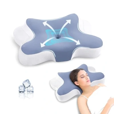 Image of JINXIA Cervical Pillows for Sleeping,Ergonomic Orthopedic Neck Support Pillow,Memory Foam Pillow with Removable Pillowcase Side,Back, Stomach Sleepers, BlueGray