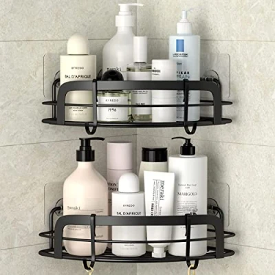 Image of STEUGO Black Bathroom Corner Shower Shelfs, Adhesive Wall Mounted Caddy with 4 Movable Hooks, Rustproof Stainless Steel Organizer, No Drilling Mount 2 Pack