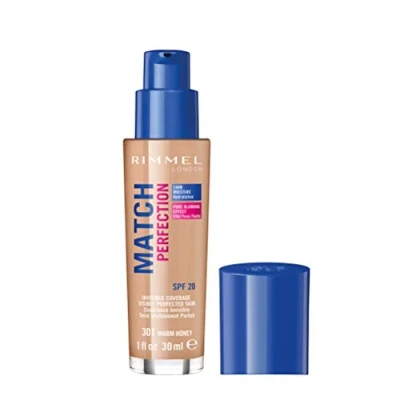 Image of Rimmel Match Perfection Foundation 301 Warm Honey, Medium Coverage, 24hr Hydration, No Caking or Creasing, Lightweight, Reduces Imperfections, Invisible SPF20, Cruelty Free