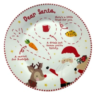 Image of eBoutik Santa&#039;s Christmas Eve Decoration Ceramic Plate for Festive Cookie, Milk &amp; Carrot Painted Sections Childrens Xmas Santa Claus Rudolph Reindeer Which Can Be Personalised