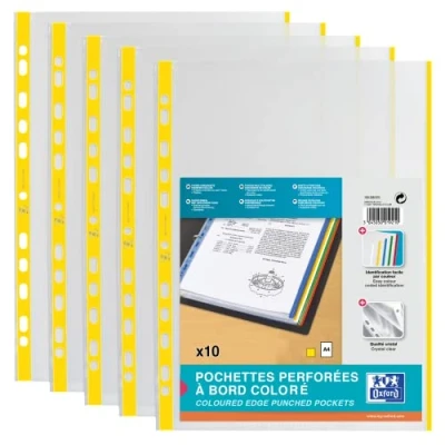 Image of OXFORD Pack of 100 Yellow Coloured Edge A4 Polypropylene Smooth Punched Sleeves 9/100 Thickness