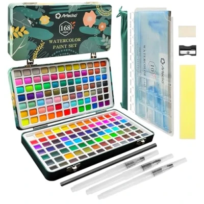 Image of Artecho Watercolour Paint Set 168 Colors in Portable Box Including, Travel Watercolor with Papers, Brushes and other Tools, Idea for Artists Hobbyists
