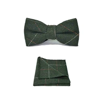 Image of King &amp; Priory Luxury Herringbone Forest Green Tweed Bow Tie Pocket Square Set